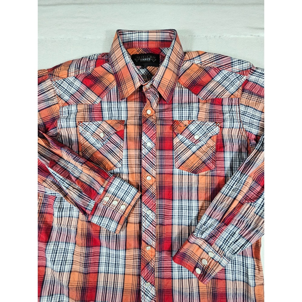 Rodeo Carte Mens XL Western Snap Plaid Shirt Orange Red Blue Long Sleeve Cotton